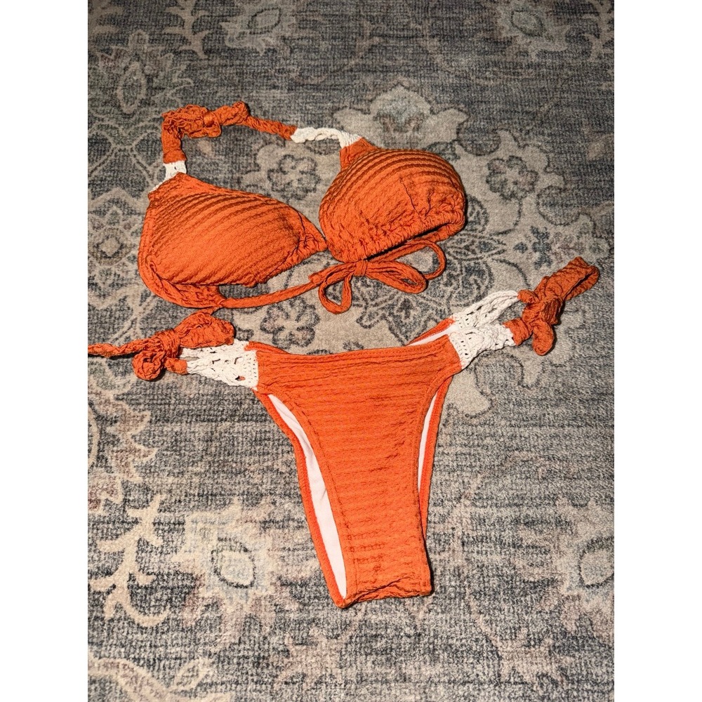 Guriya Orange Textured Crochet Trim Swimsuit Bikini Set
